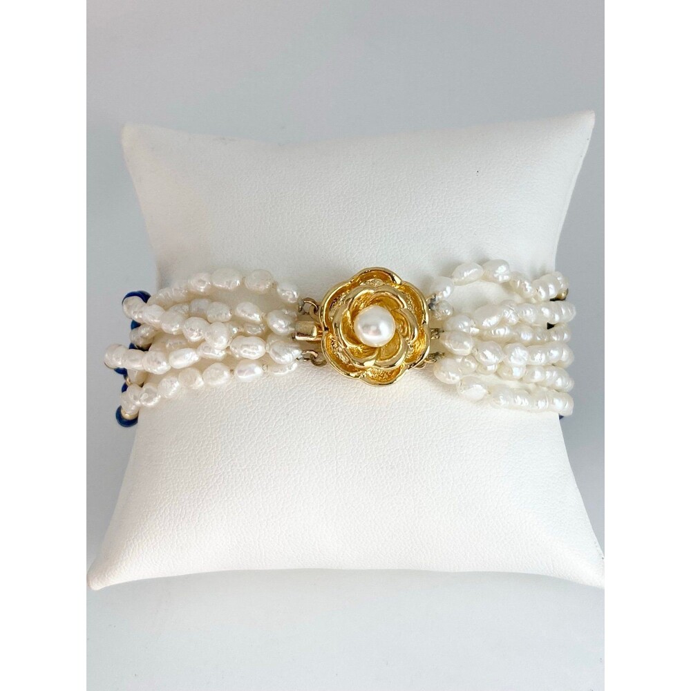 14k gold over silver 6 strand fresh water pearl lapis bead Bracelet